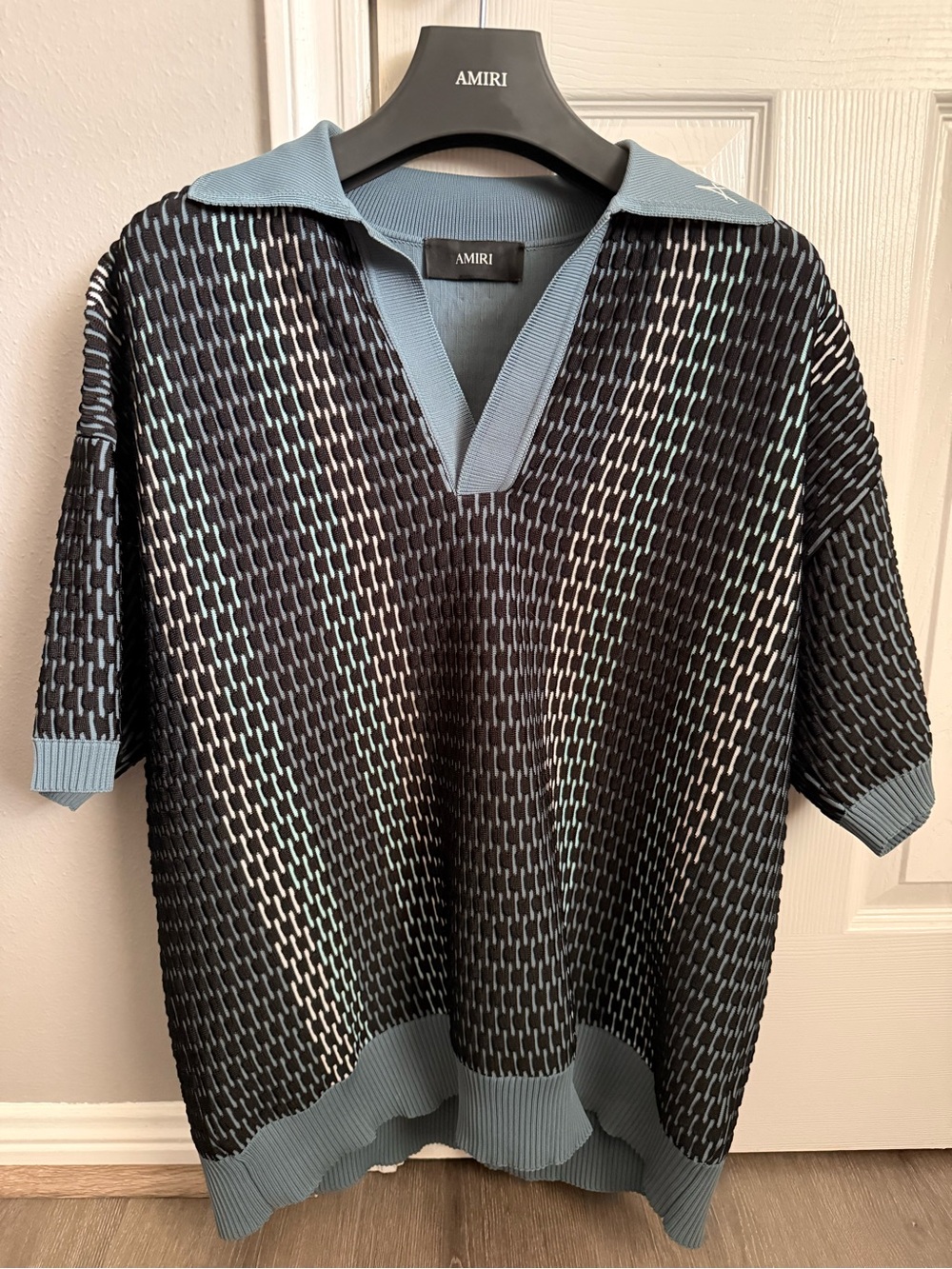 AMIRI Black Polo with Light Blue Trim Knit Short-Sleeve Shirt
